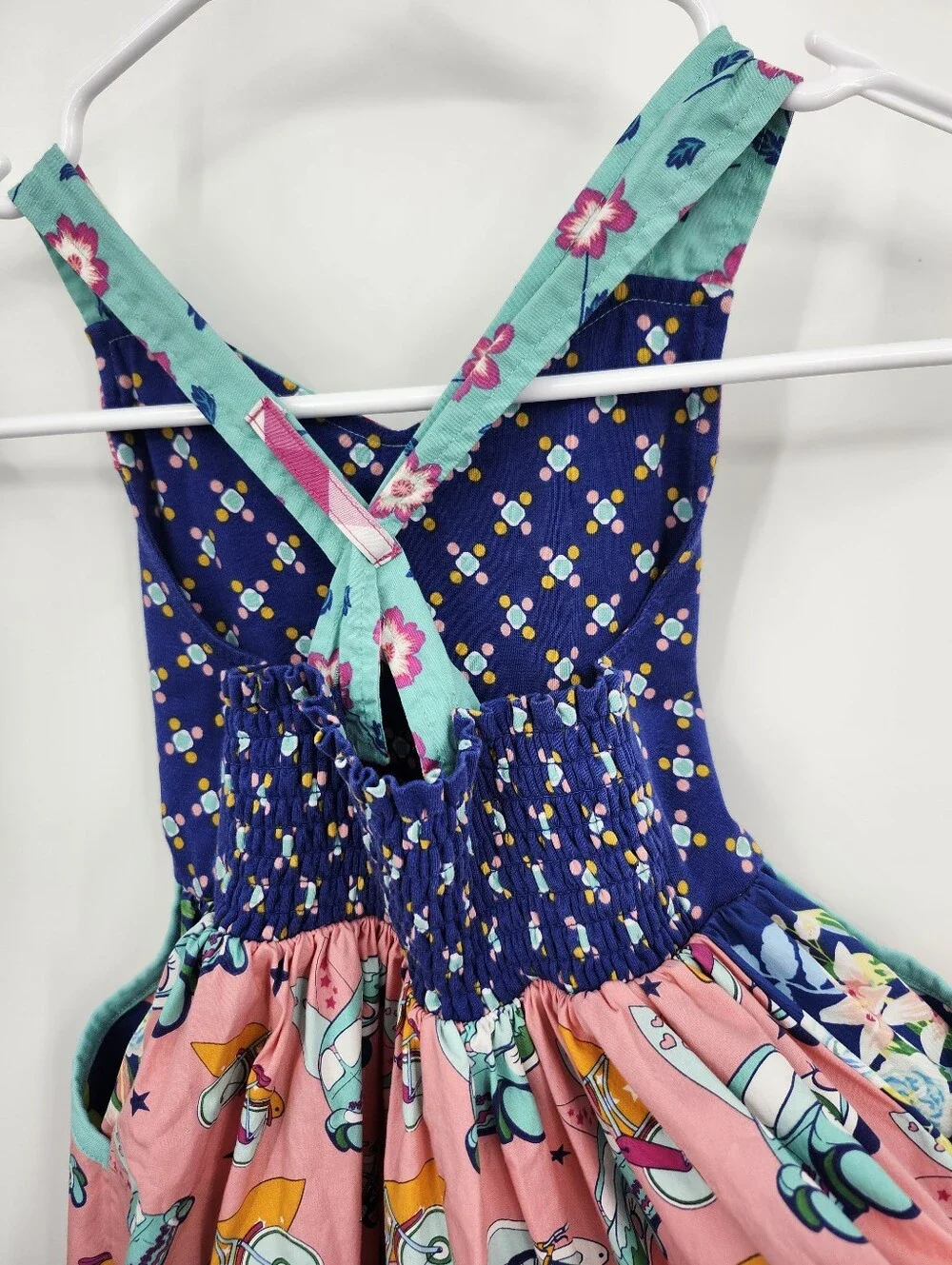Wildflowers Girls Sundress Size 6 Pink Blue Bicycle Scooter Print Ruffle Dress